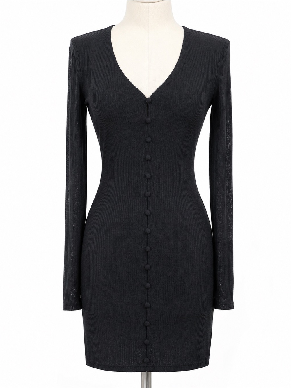 Tiger Mist Black Long-Sleeve Ribbed Button-Front Dress